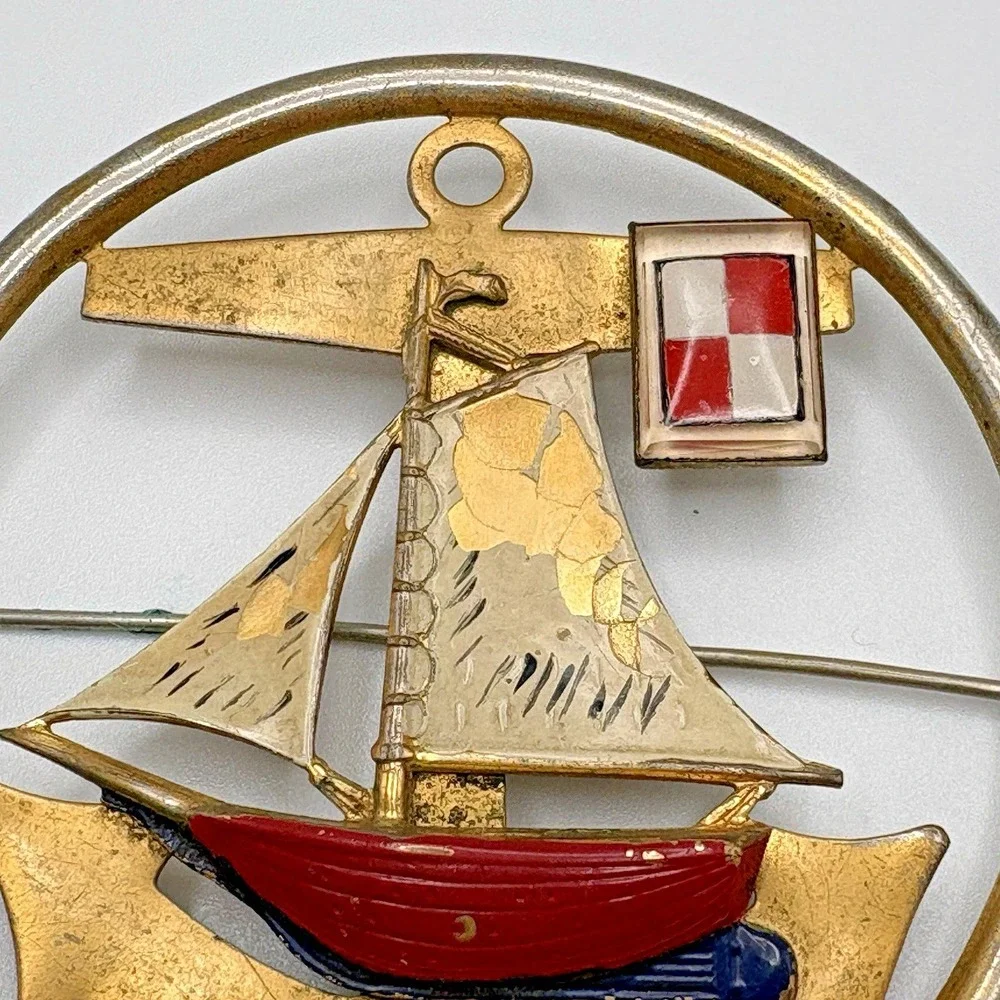 Vintage Sailboat Brooch Anchor Nautical Sail Enamel Ocean Seas Gold Tone READ